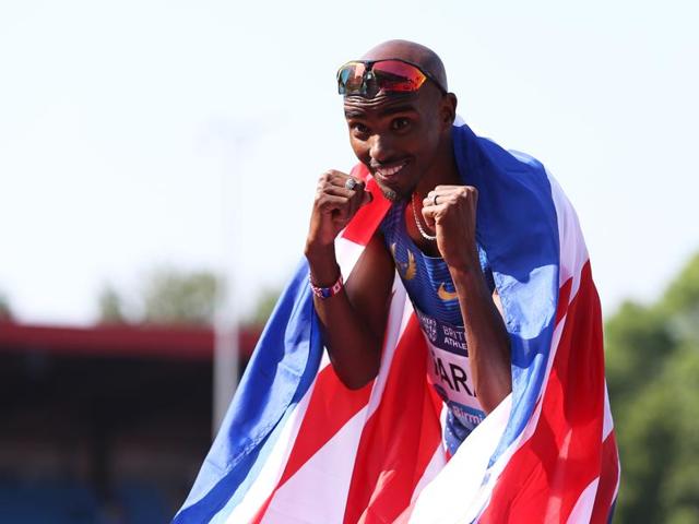 Great Britain's Mo Farah celebrates winning the men's 3000m during the IAAF Diamond League event at the Alexander Stadium, Birmingham, England. (Reuters Photo) Great Britain's Mo Farah celebrates winning the men's 3000m during the IAAF Diamond League event at the Alexander Stadium, Birmingham, England. (Reuters Photo)
