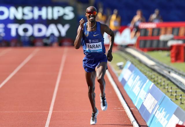 Farah crosses the winning line, setting a new British record in the men's 3,000m during the IAAF Diamond League event at the Alexander Stadium, Birmingham, England. (AP Photo) Farah crosses the winning line, setting a new British record in the men's 3,000m during the IAAF Diamond League event at the Alexander Stadium, Birmingham, England. (AP Photo)
