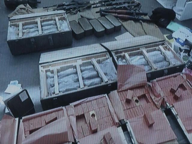 A video grab taken from an undated footage released by the Ukrainian SBU security service on Monday allegedly shows the huge arsenal of weapons found in possession of an unidentified French national at the border with Poland, near the Ukrainian frontier town of Yagodyn.(AFP)