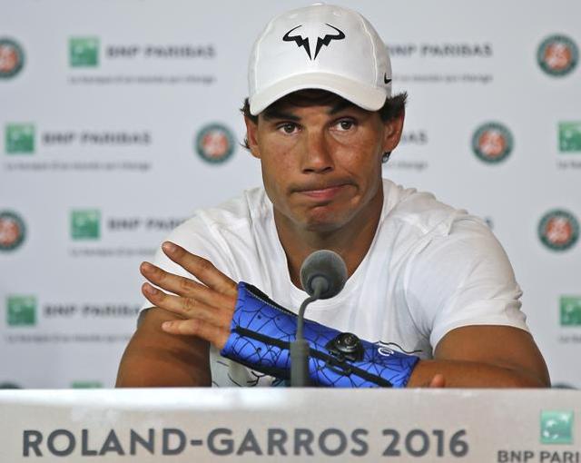 Rafael Nadal, of Spain, announces he is pulling out of the French Open because of an injury to his left wrist at the Roland Garros stadium in Paris, France. (AP Photo) Rafael Nadal, of Spain, announces he is pulling out of the French Open because of an injury to his left wrist at the Roland Garros stadium in Paris, France. (AP Photo)