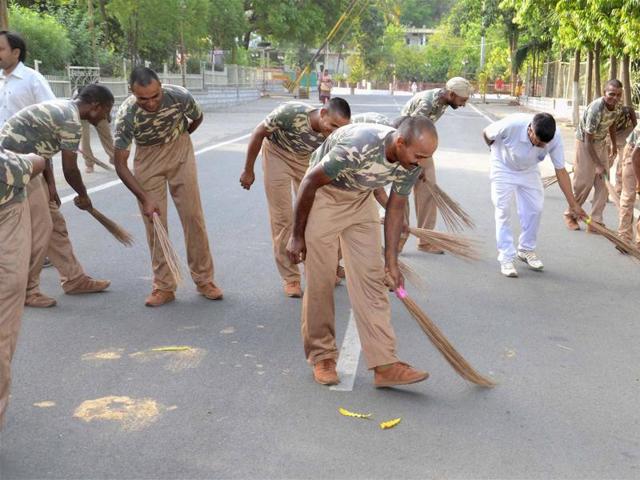 Sashastra Seema Bal (SSB) personnel take part in a clealiness drive under the Swachh Bharat Mission in Bhopal. (PTI file photo) Sashastra Seema Bal (SSB) personnel take part in a clealiness drive under the Swachh Bharat Mission in Bhopal. (PTI file photo)