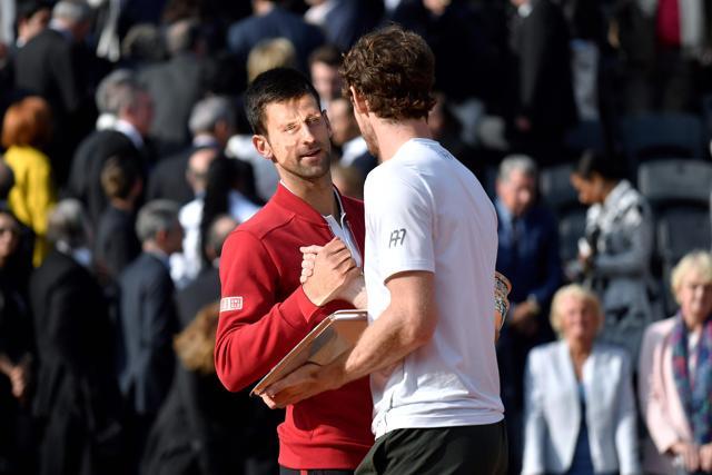 Serbia's Novak Djokovic shakes hands with Britain's Andy Murray after the men's final match at the Roland Garros 2016 French Tennis Open in Paris. (AFP Photo) Serbia's Novak Djokovic shakes hands with Britain's Andy Murray after the men's final match at the Roland Garros 2016 French Tennis Open in Paris. (AFP Photo)