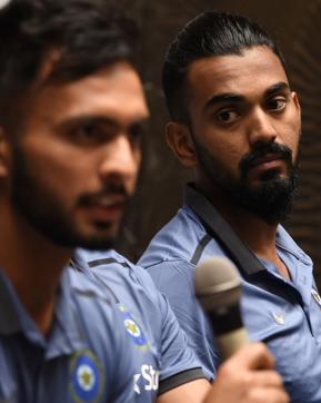 India players (from left) Mandeep Singh, Dhawal Kulkarni and KL Rahul at the pre-departure press conference in Mumbai on Tuesday ahead of their Zimbabwe tour.(AFP)