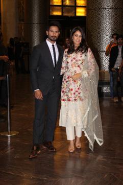 Shahid Kapoor and his wife Mira Kapoor during the wedding reception of Preity Zinta and Gene Goodenough in Mumbai. (IANS) Shahid Kapoor and his wife Mira Kapoor during the wedding reception of Preity Zinta and Gene Goodenough in Mumbai. (IANS)