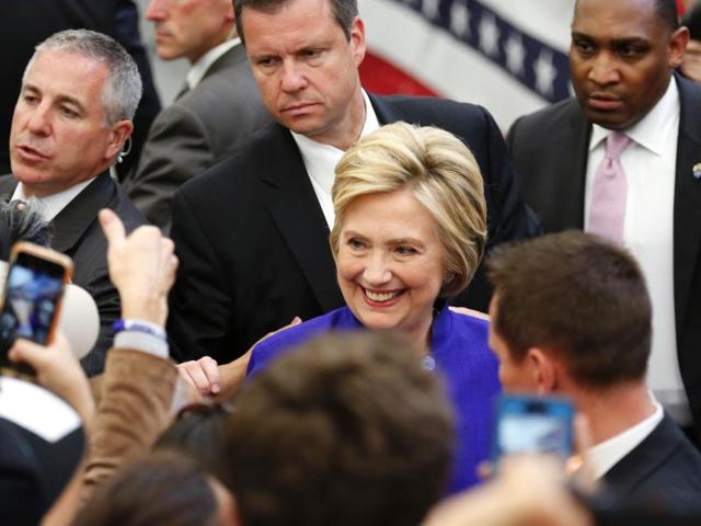 Hillary Clinton greets supporters during a rally at Long Beach City College on the final day of California campaigning on June 6 in Long Beach, California. (AFP) Hillary Clinton greets supporters during a rally at Long Beach City College on the final day of California campaigning on June 6 in Long Beach, California. (AFP)