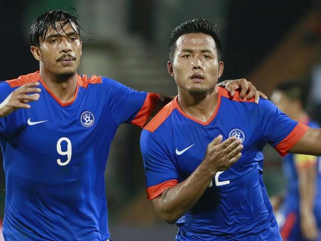 Je Je Lalpekhlua, right, of India celebrates after scoring a goal against Laos. (AP Photo) Je Je Lalpekhlua, right, of India celebrates after scoring a goal against Laos. (AP Photo)
