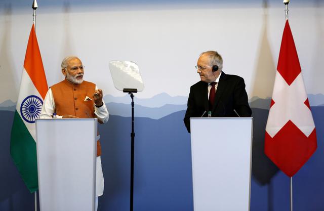 Indian Prime Minister Narendra Modi with Swiss President Johann Schneider-Ammann after their meetings in Geneva on Monday.(REUTERS)