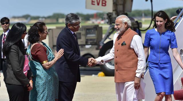 Prime Minister Narendra Modi being welcomed by Indian high commissioner to USA, Arun Singh on his arrival at Joint Base Andrews (JBA) in Washington DC. (PTI) Prime Minister Narendra Modi being welcomed by Indian high commissioner to USA, Arun Singh on his arrival at Joint Base Andrews (JBA) in Washington DC. (PTI)