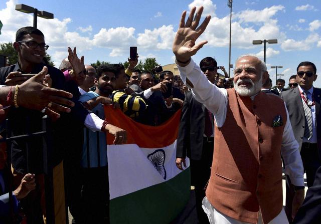 Prime Minister Narendra Modi waves to the Indian community people on his arrival at Joint Base Andrews (JBA), in Washington D.C., USA on Monday. (PTI) Prime Minister Narendra Modi waves to the Indian community people on his arrival at Joint Base Andrews (JBA), in Washington D.C., USA on Monday. (PTI)