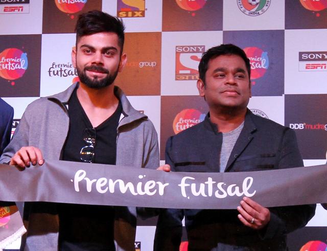 Virat Kohli and music composer AR Rahman during a Premier Futsal League promotional programme in Mumbai on June 6, 2016. (IANS)