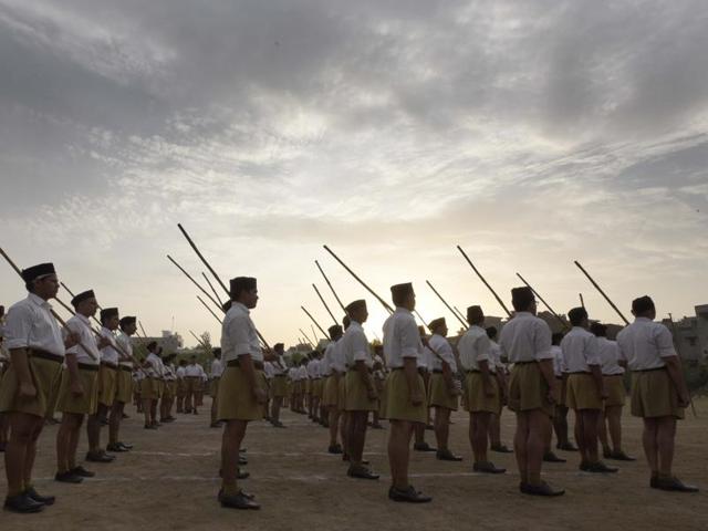 Volunteers at the first Sangh Shiksha Camp organised at RA Geeta School, Shankar Nagar. (Sonu Mehta/HT Photo)