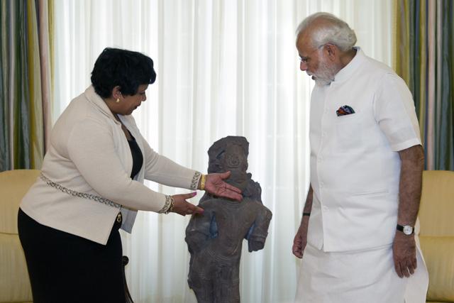 Attorney General Lorreta Lynch and Indian Prime Minister Narendra Modi look at the statue Khajuraho, 12th century, made from red sandstone, during a ceremony marking the repatriation of over 200 artifacts to the Indian government, in Washington. (AP) Attorney General Lorreta Lynch and Indian Prime Minister Narendra Modi look at the statue Khajuraho, 12th century, made from red sandstone, during a ceremony marking the repatriation of over 200 artifacts to the Indian government, in Washington. (AP)