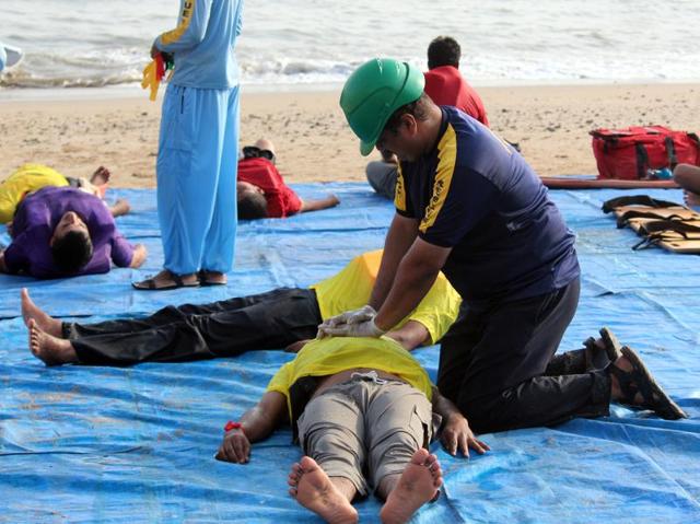 Tuesday’s was a full drill that included the protocol to revive people who had nearly drowned. (Satyabrata Tripathy) 