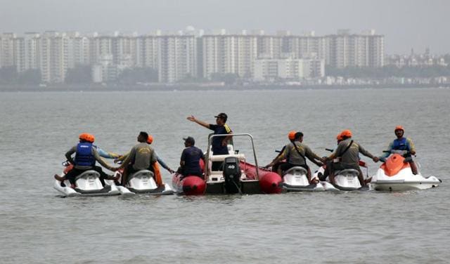 With the monsoon expected in Mumbai anytime now, the Fire Brigade got busy practising its moves to rescue those who  flounder in the rough seas. (Satyabrata Tripathy) 