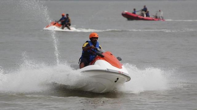 Firefighters got on to their water scooters off Girgaum Chowpatty on Tuesday  and raced about during the drill. (Satyabrata Tripathy) 