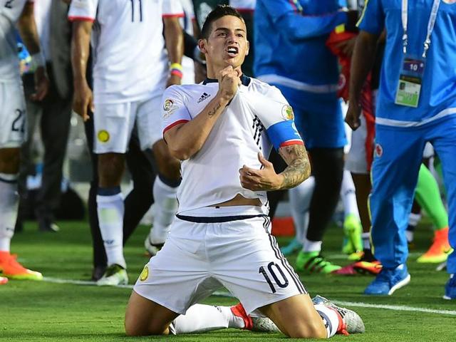 James Rodriguez celebrates after scoring Colombia’s second goal. (AP) James Rodriguez celebrates after scoring Colombia’s second goal. (AP)