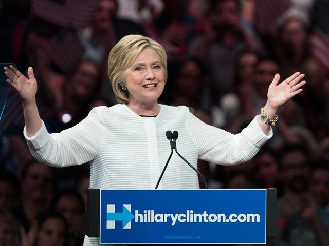 Democratic presidential candidate Hillary Clinton speaks during a primary night rally at the Duggal Greenhouse in the Brooklyn Navy Yard, June 7, 2016 in the Brooklyn borough of New York City. (AFP Photo) Democratic presidential candidate Hillary Clinton speaks during a primary night rally at the Duggal Greenhouse in the Brooklyn Navy Yard, June 7, 2016 in the Brooklyn borough of New York City. (AFP Photo)