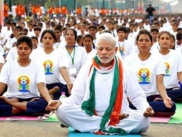 File photo of Prime Minister Narendra Modi on the International Yoga Day.(Ajay Aggarwal/HT File Photo)