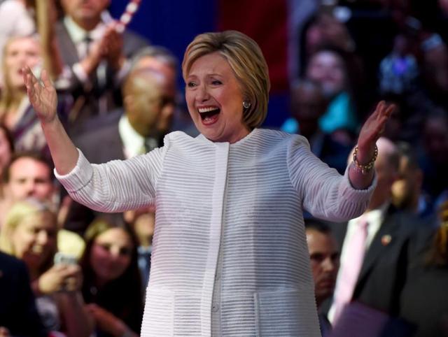 Democratic presidential candidate Hillary Clinton gestures as she greets supporters at a presidential primary election night rally in New York on Tuesday. (AP) Democratic presidential candidate Hillary Clinton gestures as she greets supporters at a presidential primary election night rally in New York on Tuesday. (AP)