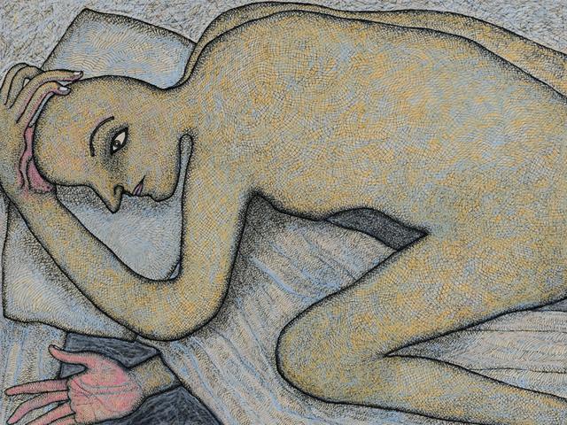 Man in Bed, Pen & Ink with Pastel on Paper. (The Arts trust) 