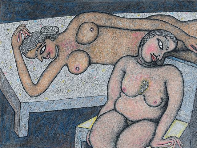 Interior (with couple), Pen & Ink with Pastel on Paper. (The Arts trust) 