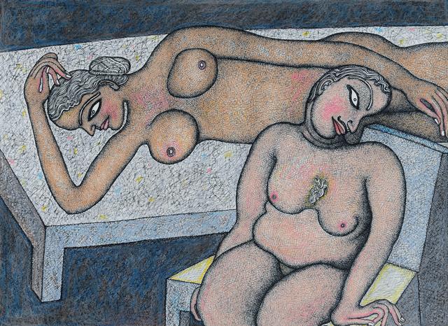 Interior (with couple), Pen &amp; Ink with Pastel on Paper (The Arts Trust)