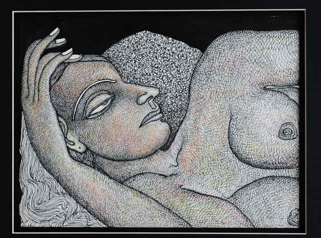 The beautiful face, pen and ink with pastel on paper, Cross Hatch. (The Arts trust) 