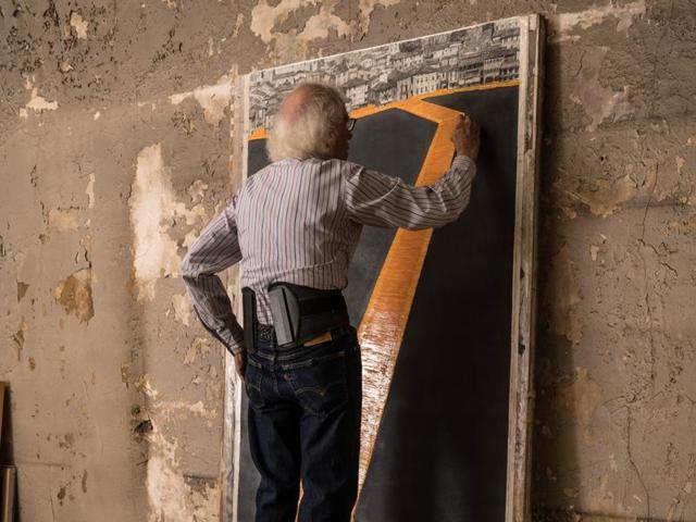 Christo in his studio working on a preparatory drawing for The Floating Piers, in New York, November 2015. (Wolfgang Volz)