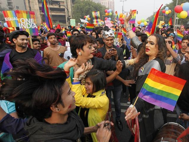 LGBT (Lesbian, Gay, Bisexual and Transgender) activists and supporters during a parade in New Delhi.(Raj K Raj/HT File)
