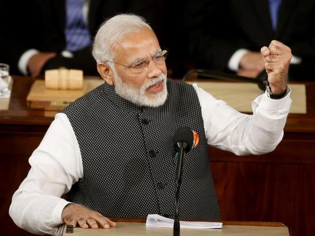 Prime Minister Narendra Modi addresses a joint meeting of Congress on Capitol Hill in Washington, Wednesday.(AP Photo)