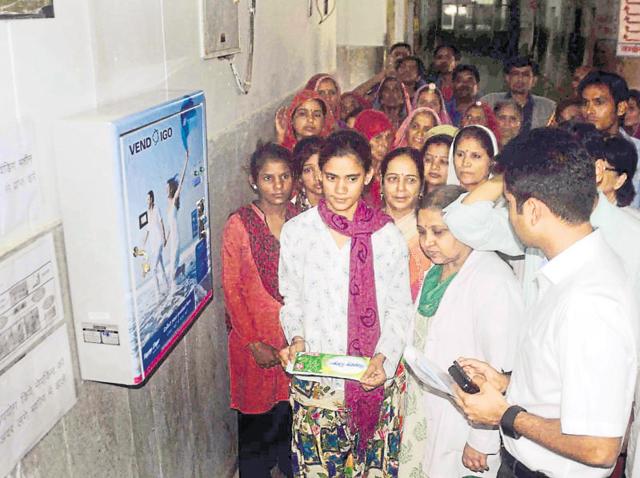 Ajmer collector Gaurav Goyal at the installation of automated sanitary pad vending machine at Zanana (women’s) Hospital on Wednesday.(HT Photo) Ajmer collector Gaurav Goyal at the installation of automated sanitary pad vending machine at Zanana (women’s) Hospital on Wednesday.(HT Photo)