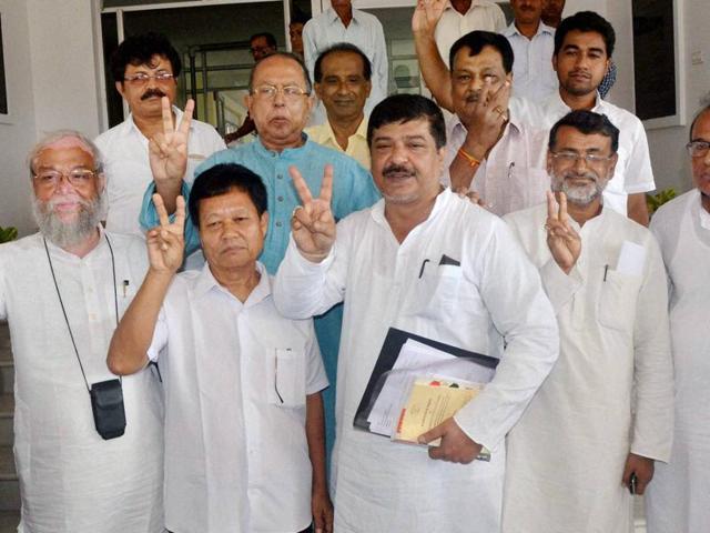 Four rebel congress MLAs after submitting to speaker a letter signed by six MLAs on their dissociation with the party on Tuesday, June 7, 2016. (PTI) Four rebel congress MLAs after submitting to speaker a letter signed by six MLAs on their dissociation with the party on Tuesday, June 7, 2016. (PTI)