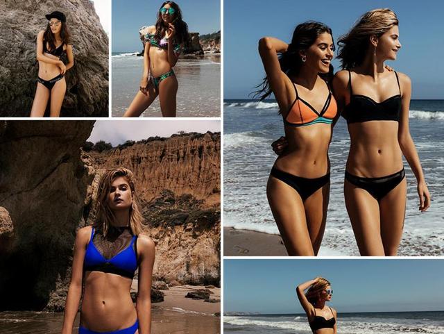 The bikinis: Activewear influences are big news this summer. Kendall and Kylie interpret this trend with colour-block neoprene and scuba-style zips. (Topshop) The bikinis: Activewear influences are big news this summer. Kendall and Kylie interpret this trend with colour-block neoprene and scuba-style zips. (Topshop)