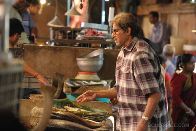 Amitabh Bachchan plays John Biswas, an elderly man trying to solve his granddaughter’s murder. He is bent over with guilt and sadness. Amitabh Bachchan plays John Biswas, an elderly man trying to solve his granddaughter’s murder. He is bent over with guilt and sadness.