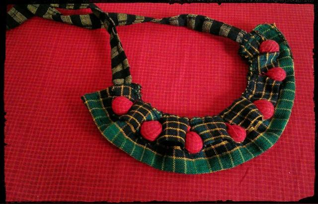 Tri Paul makes neckpieces out of cotton towels that are produced extensively in Bangladesh, and are available in variety of colours. (Ditan Basu) Tri Paul makes neckpieces out of cotton towels that are produced extensively in Bangladesh, and are available in variety of colours. (Ditan Basu)