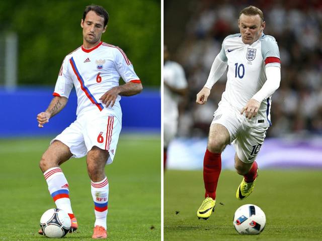 A combination of two file pictures shows Russia's midfielder and captain Roman Shirokov (L) and England's striker and captain Wayne Rooney. (AFP) A combination of two file pictures shows Russia's midfielder and captain Roman Shirokov (L) and England's striker and captain Wayne Rooney. (AFP)