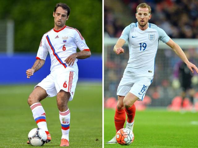 A combination of two file pictures shows England's striker Harry Kane (R) and Russia's Roman Shirokov. (AFP) A combination of two file pictures shows England's striker Harry Kane (R) and Russia's Roman Shirokov. (AFP)