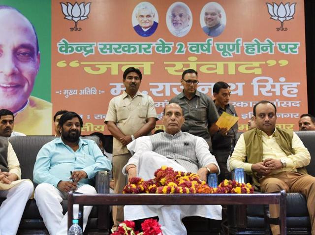 Union home minister Rajnath Singh shares stage with state BJP leaders during a party function in Lucknow. (PTI) Union home minister Rajnath Singh shares stage with state BJP leaders during a party function in Lucknow. (PTI)