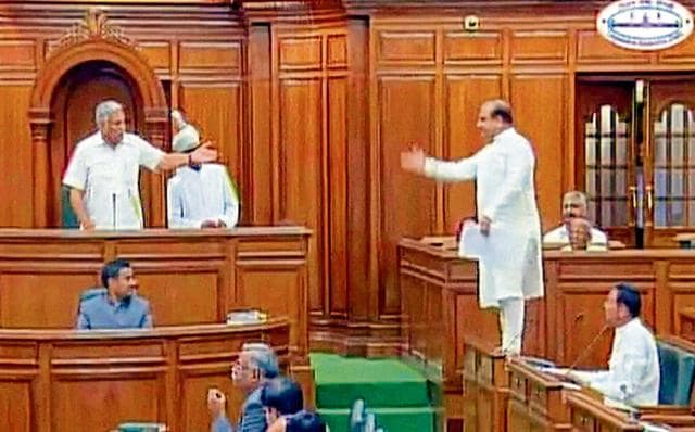 Leader of Opposition Vijender Gupta in the Assembly in New Delhi on Friday.(PTI/TV grab)