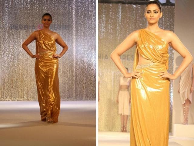 Sonam Kapoor is a vision in gold as she walks the ramp. (IANS)
