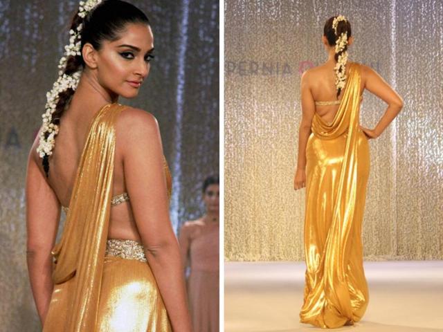 To go with her gold ensemble, the actor wore her hair in a braid, embellished with a gajra.