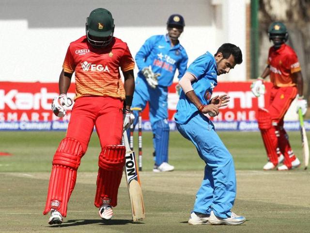 Indian bowler Yuzvendera Chahal, right, avoids a collision with Zimbabwean batsman Elton Chigumbura during the One Day International cricket match. (AP Photo) Indian bowler Yuzvendera Chahal, right, avoids a collision with Zimbabwean batsman Elton Chigumbura during the One Day International cricket match. (AP Photo)
