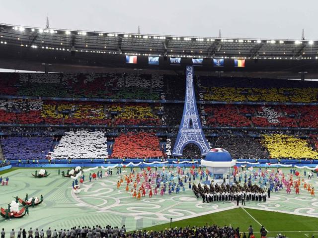 A general view shows the opening ceremony prior to the kick off for the Euro 2016 group A football match between France and Romania at Stade de France, in Saint-Denis, north of Paris. (AFP)