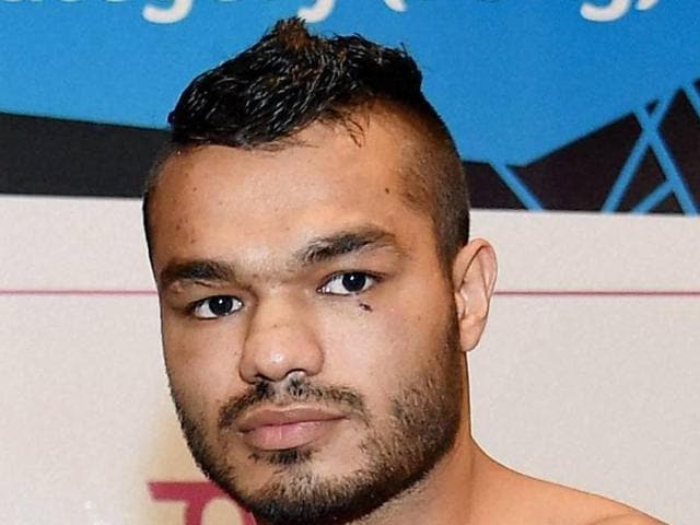Vikas Yadav and Nickson Abaka of Kenya during the weigh-in in New Delhi on Friday, a day before the first AIBA Pro Boxing Night in the country. (PTI) Vikas Yadav and Nickson Abaka of Kenya during the weigh-in in New Delhi on Friday, a day before the first AIBA Pro Boxing Night in the country. (PTI)