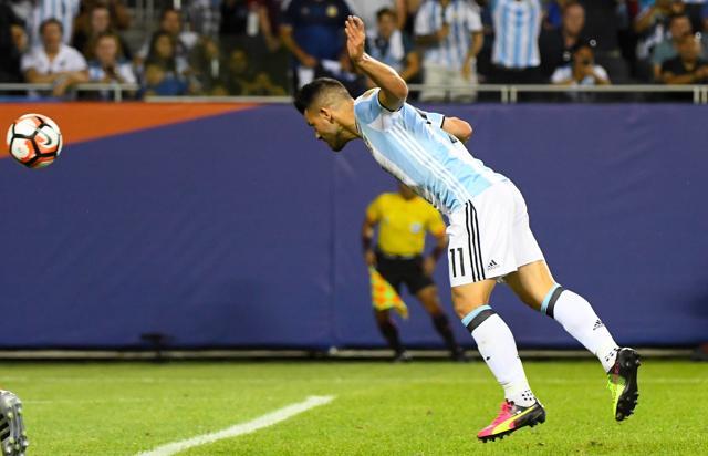 Sergio Aguero (11) heads the ball in to complete Argentina’s 5-0 rout. (Reuters) Sergio Aguero (11) heads the ball in to complete Argentina’s 5-0 rout. (Reuters)