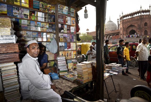 Md Rizwan, 42, the owner of Kutab Khana Aziza, one of the oldest Urdu bookshops bang in front of Jama Masjid’s main gate. Until the late 1990s he sold Urdu novels now he mostly sells religious books. (Ravi Choudhary/ Hindustan Times) Md Rizwan, 42, the owner of Kutab Khana Aziza, one of the oldest Urdu bookshops bang in front of Jama Masjid’s main gate. Until the late 1990s he sold Urdu novels now he mostly sells religious books. (Ravi Choudhary/ Hindustan Times)