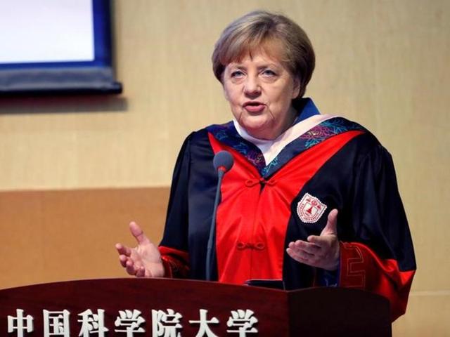 German chancellor Angela Merkel speaks during a question and answer session at the University of the Chinese Academy of Sciences (UCAS) after receiving an honorary doctorate from the University of Nanjing, in Beijing. (AP Photo) German chancellor Angela Merkel speaks during a question and answer session at the University of the Chinese Academy of Sciences (UCAS) after receiving an honorary doctorate from the University of Nanjing, in Beijing. (AP Photo)