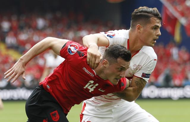 Football Soccer - Albania v Switzerland - EURO 2016 - Group A - Stade Bollaert-Delelis, Lens, France - 11/6/16 Switzerland's Granit Xhaka in action with Albania's Taulant Xhaka REUTERS/Carl Recine Livepic (REUTERS) Football Soccer - Albania v Switzerland - EURO 2016 - Group A - Stade Bollaert-Delelis, Lens, France - 11/6/16 Switzerland's Granit Xhaka in action with Albania's Taulant Xhaka REUTERS/Carl Recine Livepic (REUTERS)
