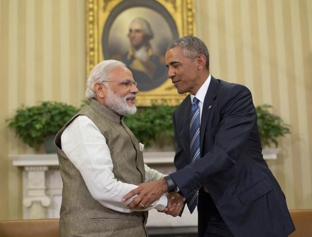 In this file photo, US President Barack Obama and Prime Minister Narendra Modi shake hands before their meeting in the Oval Office of the White House in Washington. The US has supported India’s bid to join the club of nuclear-trading nations.(AP)