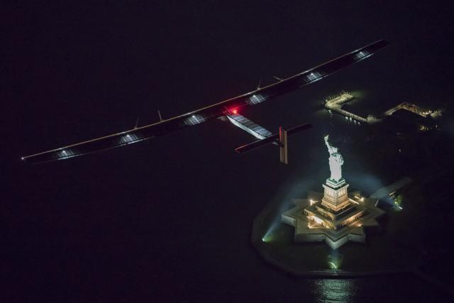 Solar Impulse 2, the solar airplane, piloted by Swiss adventurer Andre Borschberg, flies over the Statue of Libery in in New York, U.S. June 11, 2016 shortly before landing at John F. Kennedy airport. (REUTERS) Solar Impulse 2, the solar airplane, piloted by Swiss adventurer Andre Borschberg, flies over the Statue of Libery in in New York, U.S. June 11, 2016 shortly before landing at John F. Kennedy airport. (REUTERS)